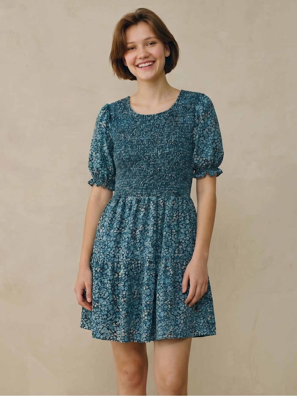 Wild Fable‎ Blue Floral Smocked Babydoll Mini Dress Puff Sleeve Cottagecore